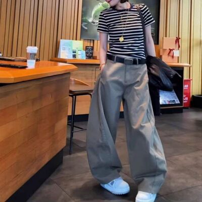25013大爱美依缘2025新款时尚条纹短袖T恤休闲宽松工装裤洋气女潮