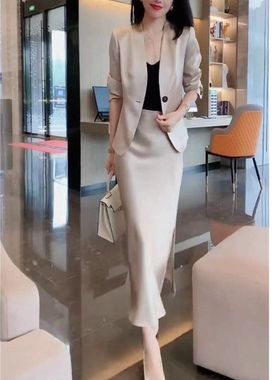 23671大爱美依缘2025秋季新款洋气宽松显瘦纯色西服外套+半身裙女