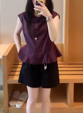 25566大爱没依缘2025夏季新款时尚圆领无袖衬衫洋气高腰短裤女潮