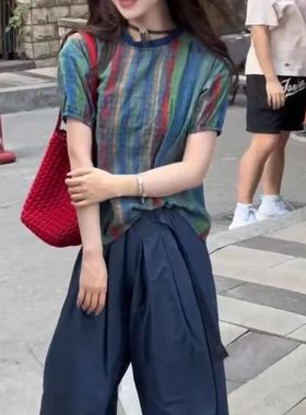 25318大爱美依缘2025夏季新款彩色条纹短袖上衣休闲宽松阔腿裤女