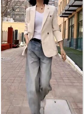 88266大爱美依缘2024春秋新款翻领西服外套水洗牛仔阔腿长裤女装