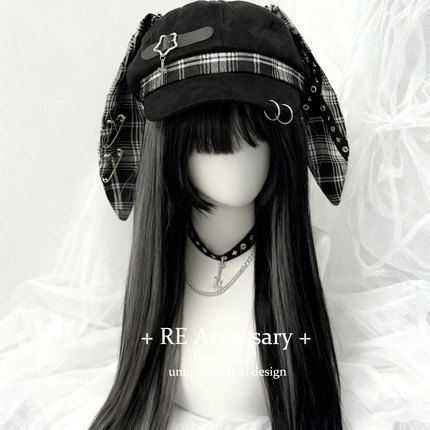 Re Subculture Y2K Punk Beret ins Apocalyptic Sci-Fi Style Floppy Rabbit Hat with Detachable Rabbit Ears