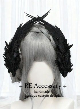 原创Lolita羽毛黑白双色刺绣对边夹天使翅膀洛丽塔配饰恶魔翅膀