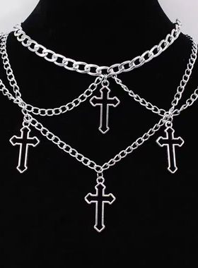 RE暗黑哥特十字架项链多层亚文化风格ins朋克项圈Y2K甜酷风