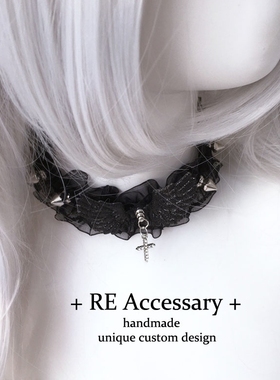 Lolita赛博朋克哥特复古蕾丝铆钉项圈choker天使翅膀项链锁骨配饰