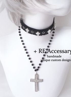 RE自制亚文化暗黑哥特朋克皮革项链多层镶钻十字架吊坠