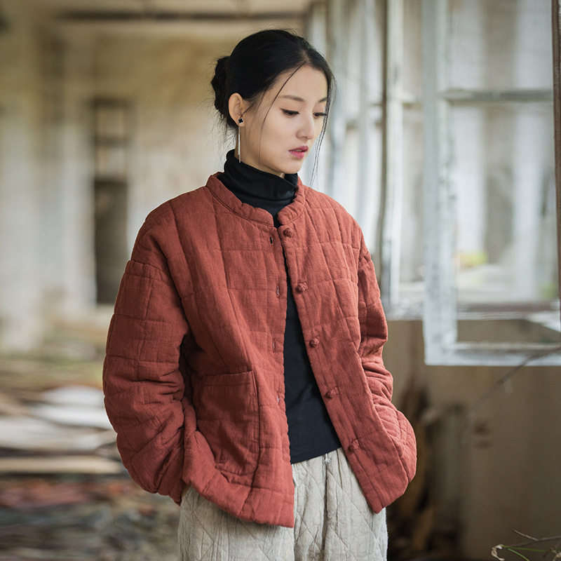 25冬季新款女装苎麻夹棉绗缝方格棉袄棉服时尚文艺个性女式短棉衣