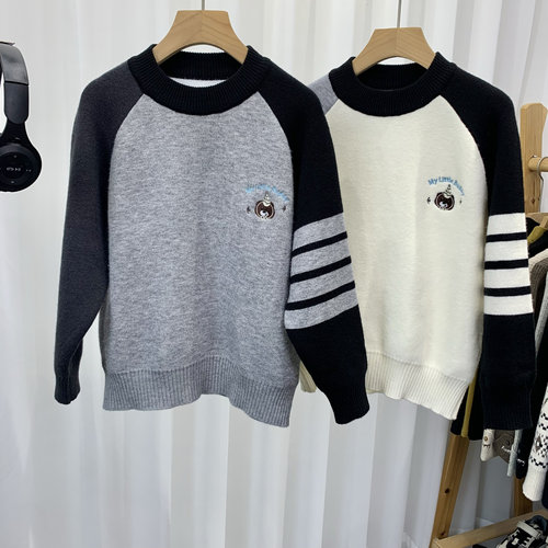 大E小e童装冬装新品字母刺绣儿童一体绒毛衣男女童针织衫2620