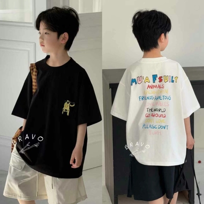 布芮欧童装2025夏男女童彩色字母短袖T恤中大童卡通猫咪半袖86550