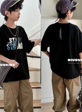 牛哆哆童装夏新款男女儿童字母印花短袖T恤韩版潮款体恤37312