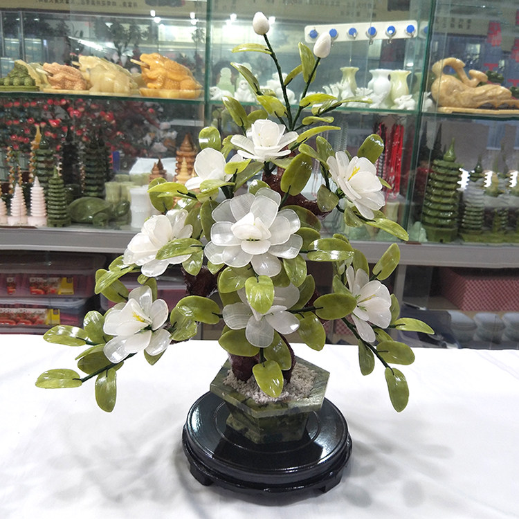 玉石8朵茶花家居招财盘景摆件客厅酒柜小装饰品创意工艺品仿真花
