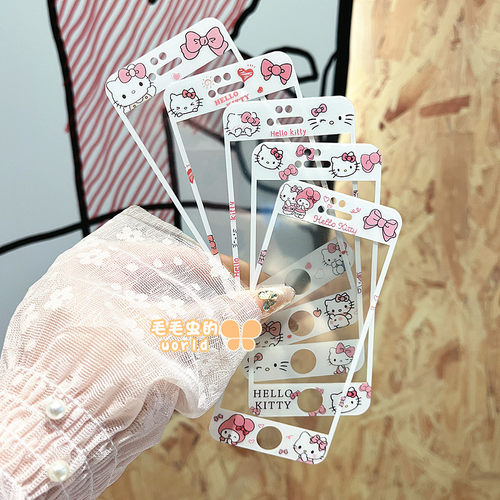 凯蒂猫kitty适用苹果6s/7/8可爱卡通钢化玻璃贴膜美乐蒂萌款iPhone7/8plus全屏彩色手机彩膜SE1/2/3女/4/5S