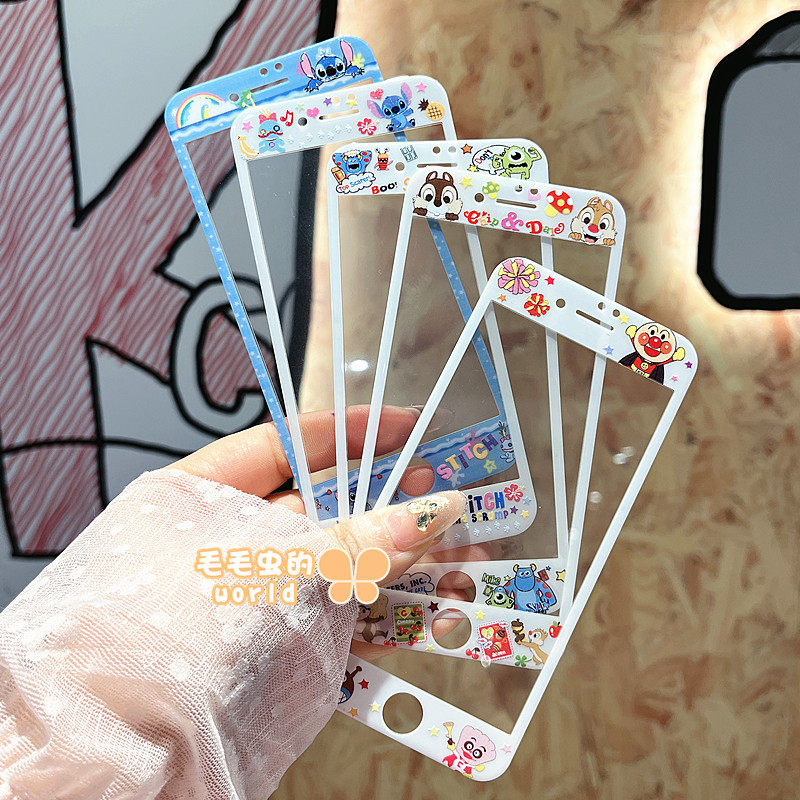 史迪仔适用苹果6s/7/8卡通钢化玻璃贴膜面包超人新款iPhone7/8plus全屏彩色手机彩膜SE2/3毛怪奇奇蒂蒂