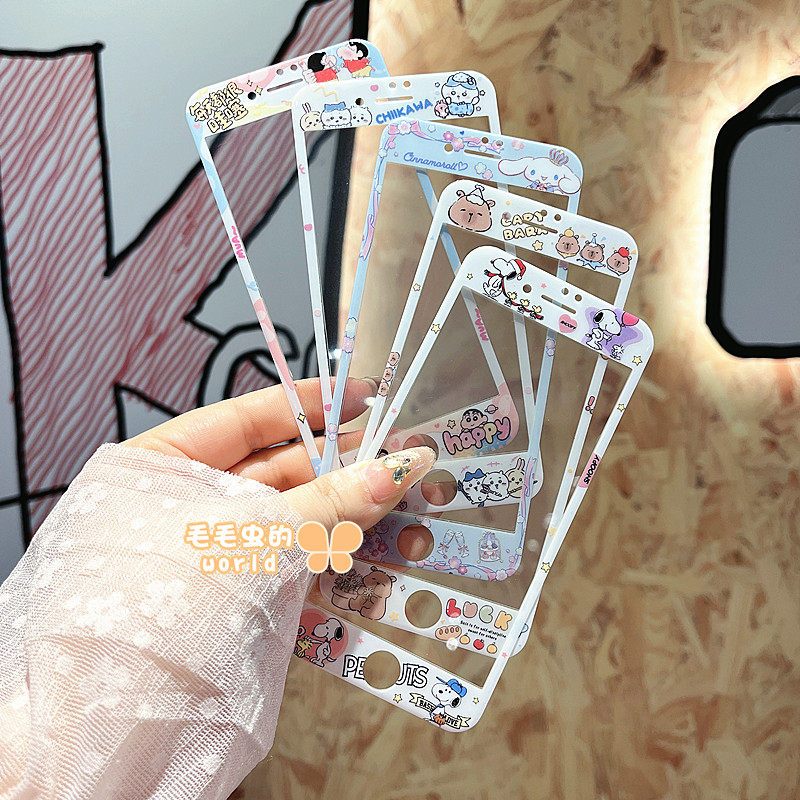 蜡笔小新适用苹果6s/7/8卡通小熊小吉钢化玻璃贴膜史努比新款iPhone7/8plus全屏彩色手机彩膜SE1/2/3男女4/5S
