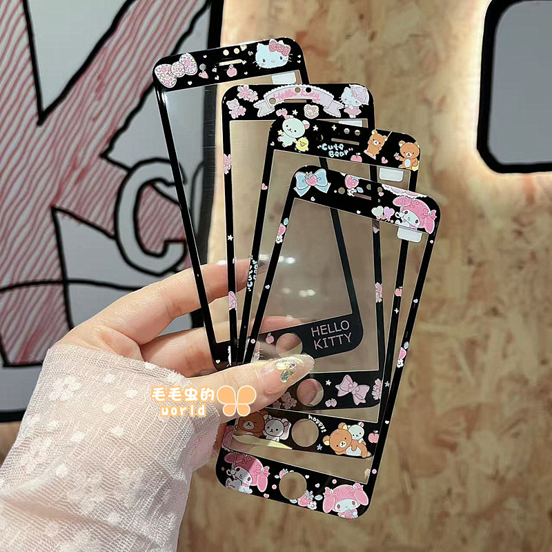 kitty适用苹果4/4S/5/5S卡通凯蒂猫钢化玻璃贴膜新款iPhone6s/7/8plus全屏黑手机彩膜SE2/3美乐蒂库洛米