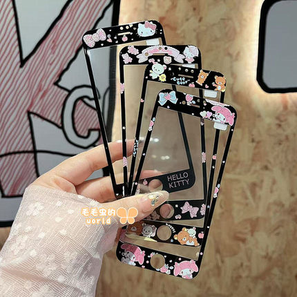 kitty适用苹果4/4S/5/5S卡通凯蒂猫钢化玻璃贴膜新款iPhone6s/7/8plus全屏黑手机彩膜SE2/3美乐蒂库洛米