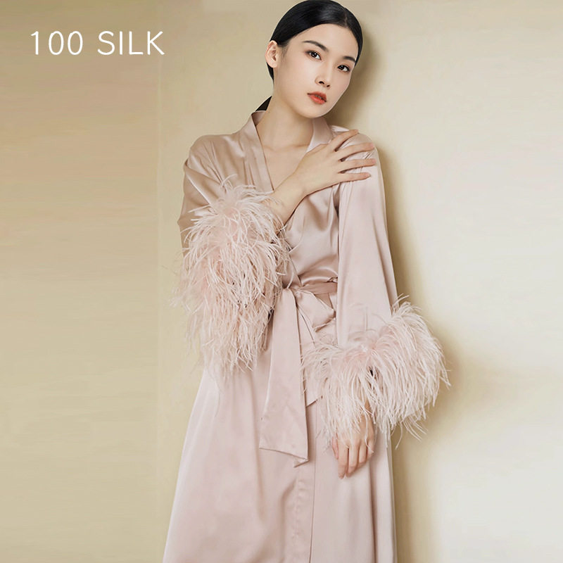 真丝性感睡袍女夏季缎面感鸵鸟毛奢华新娘晨袍100%桑蚕丝睡衣