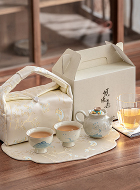 海浪手绘茶壶旅行茶具套组一壶多杯收纳新中式户外茶具套装玻璃
