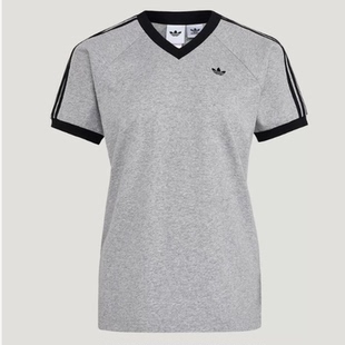 Adidas三叶草26年夏季新款女子V领撞色刺绣logo运动短袖T恤KU4771