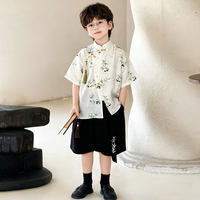 New Chinese-style Tang suit for boys, summer thin stand-up collar button-up shirt, bamboo leaf traditional Chinese style shirt, performance costume, evening dress set thumbnail 5