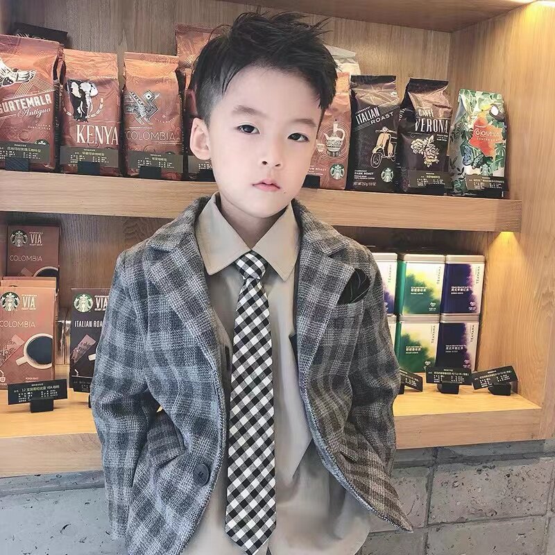 가을 겨울 아동 의류 한국 스타일 소년 모직 정장 아동 격자 무늬 캐주얼 두꺼운 작은 정장 재킷