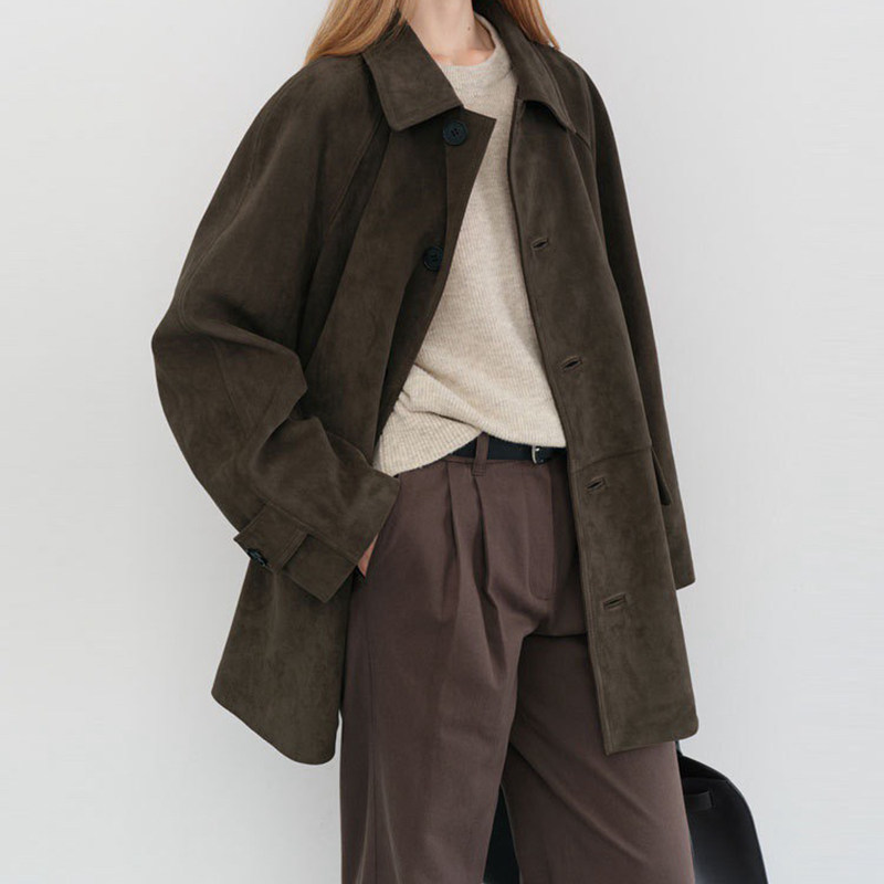 2026春新款韩国麂皮外套女深棕色翻领中长宽松纽扣巴恩风复古,女装/女士精品,短外套,淘宝优惠券,粉丝福利购,淘宝优惠卷
