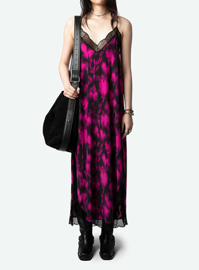 24秋冬新款ZV真丝吊带连衣裙玫红印花黑色蕾丝拼接V领性感高个子