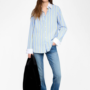 2026春夏新款ZV蓝色条纹长袖衬衫女翻领刺绣宽松中长时髦通勤休闲
