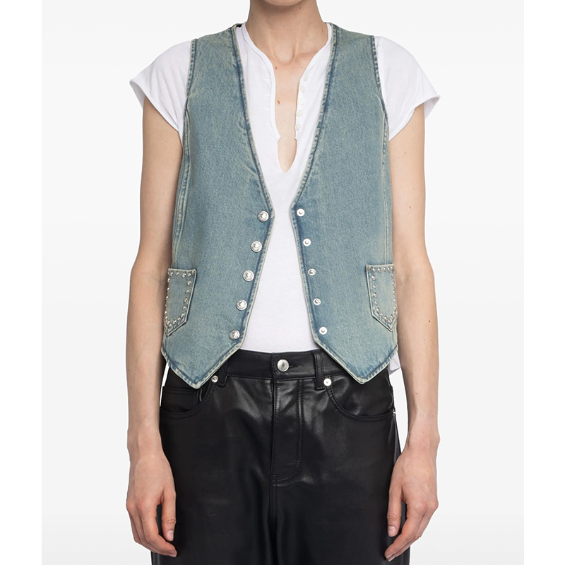 重工柳丁V领纯棉牛仔马甲