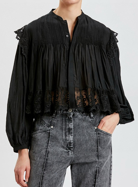 25秋新款IS法式黑色衬衫女短款长袖仙气蕾丝荷叶边拼接丝绵灯笼袖