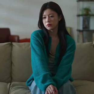 爱情怎么翻译高允真同款韩系慵懒风蓝绿色针织开衫短款毛衣外套女
