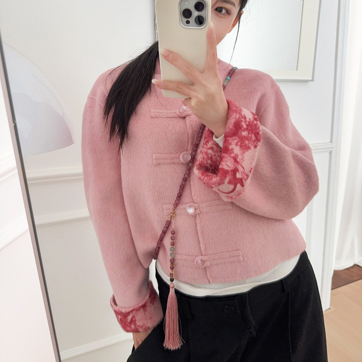 国风女装唐装新中式上衣粉色双面羊绒大衣羊毛呢外套盘扣短外套厚