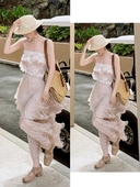一枝南南同款 26春夏海边度假纯欲风甜美粉色蕾丝褶皱收腰打底抹胸