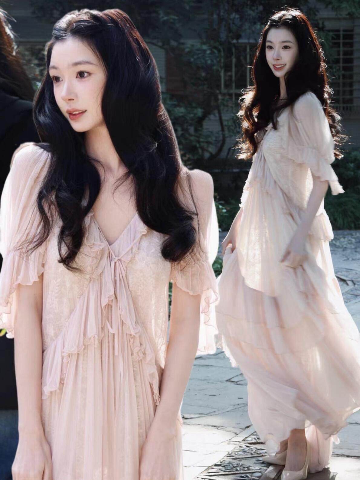 茉莉童话易梦玲同款粉色蕾丝仙女裙温柔风人丝荷叶边连衣裙女2026
