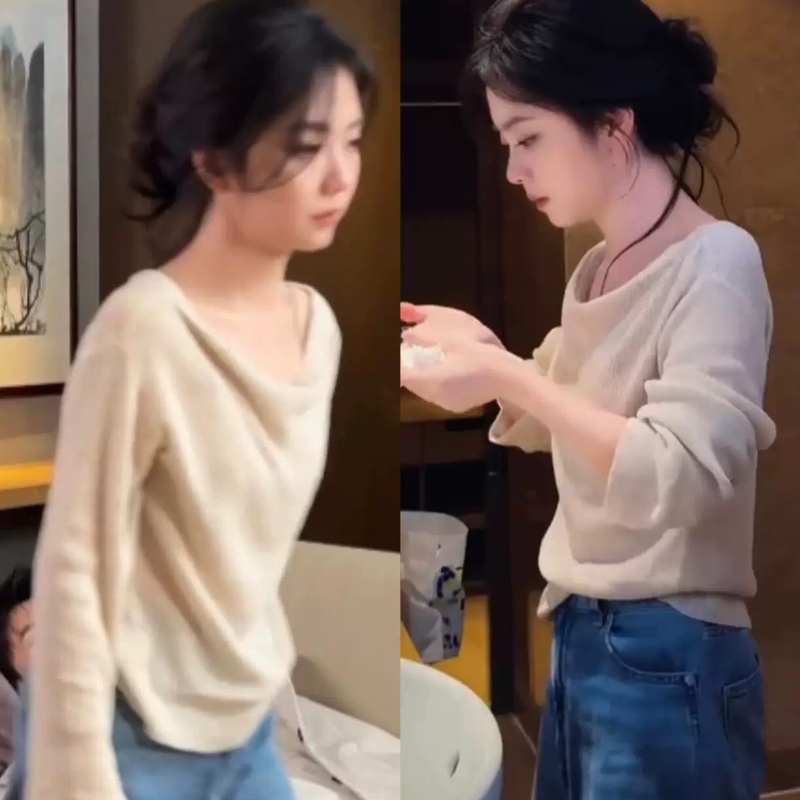 谭松韵同款韩版慵懒风宽松薄款圆领套头针织衫女软糯显瘦百搭毛衣