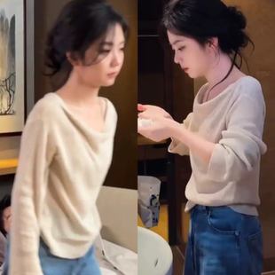 谭松韵同款韩版慵懒风宽松薄款圆领套头针织衫女软糯显瘦百搭毛衣