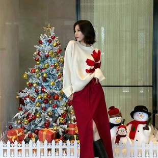 高圆圆宋妍霏同款新年红色毛衣女冬宽松慵懒风打底针织衫外套上衣