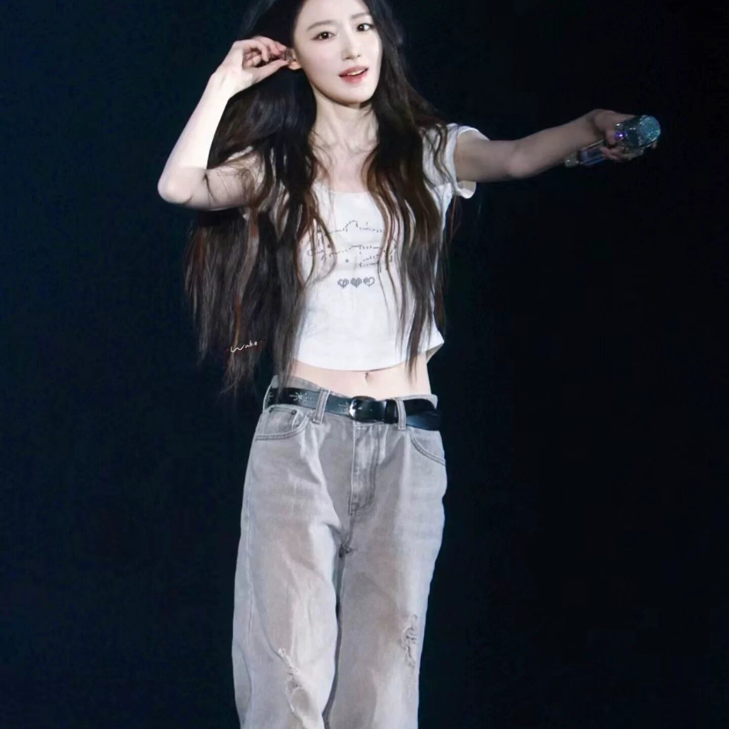 叶舒华同款辣妹烫钻印花短袖T恤白色复古直筒阔腿牛仔裤套装女夏