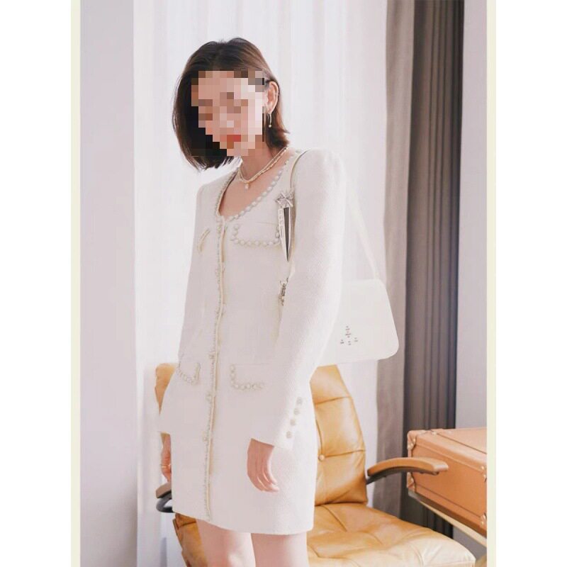 长期现货唐艺昕明星同款小香风白色连衣裙穿搭小个子2025春新款