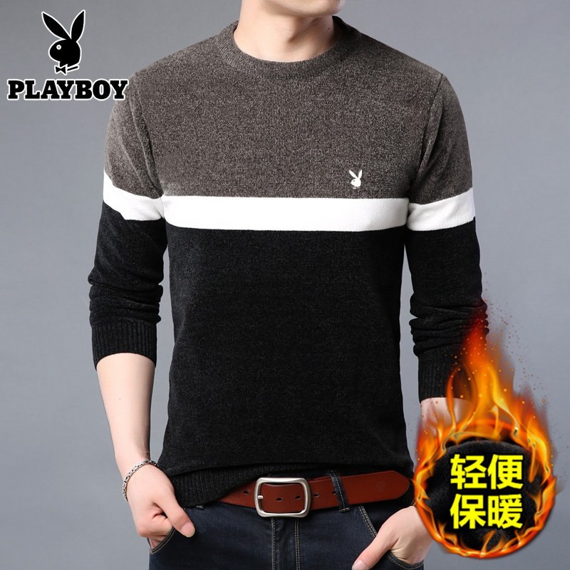 Playboy young and middle-aged sweater mens sweater striped crew neck thickened winter warm backing sweater fashion