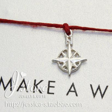 上蜡亚麻线手绳 925银 【指南针】吊坠许愿手绳 美国Dogeared正品