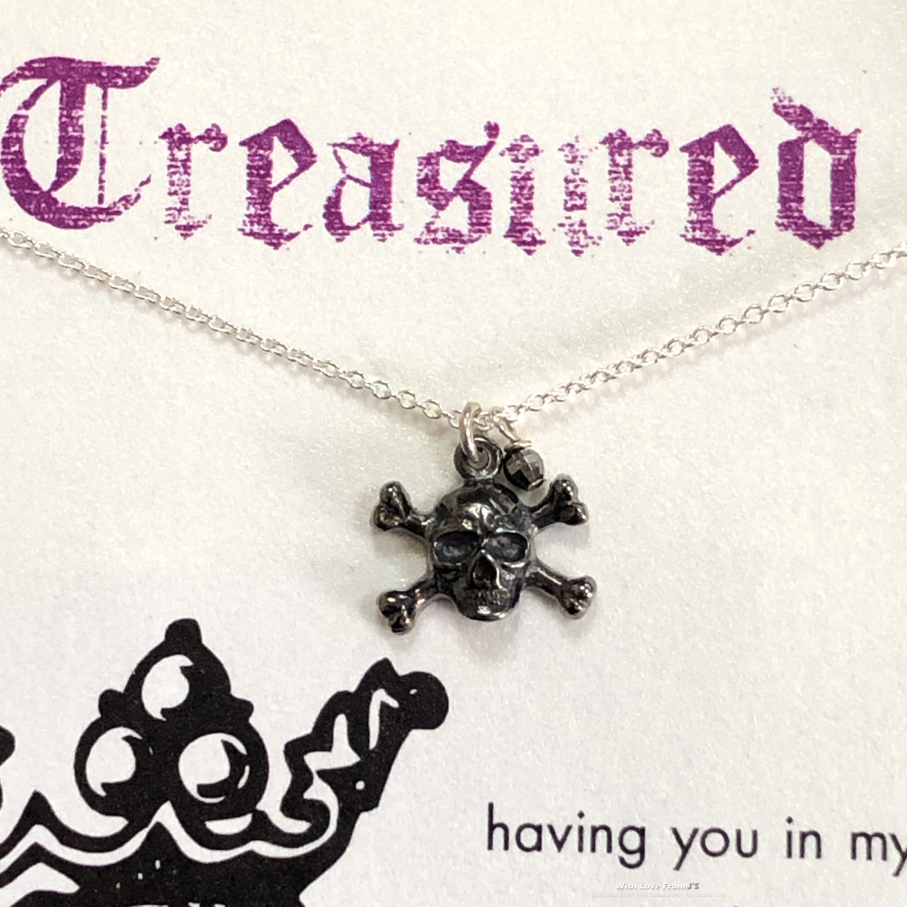 Treasured 银色链子黑色交叉骨骷髅 许愿项链 美国 Dogeared 正品