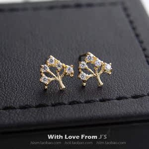 韩国正品 14K金生命之树耳钉 闪耀小树 树 黄金真金瑞钻耳饰