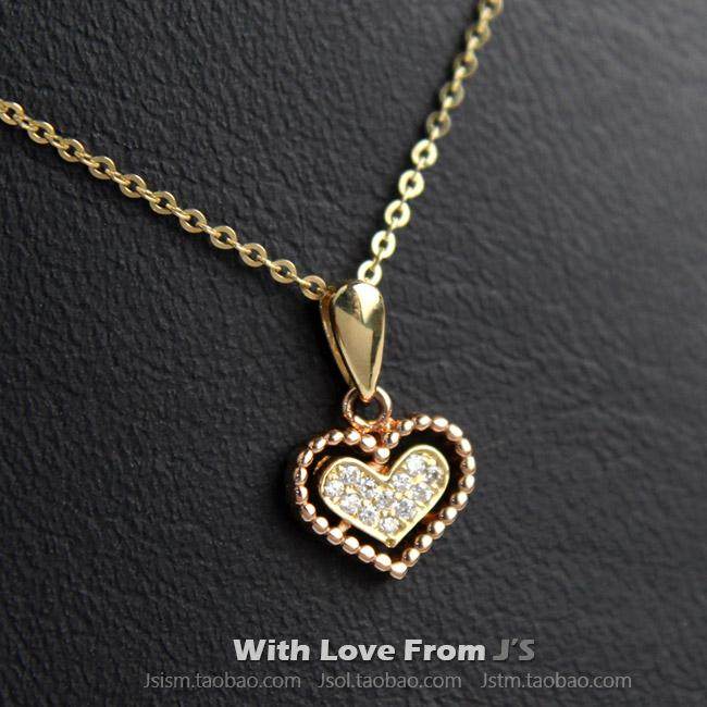 韩国纯14k黄金玫瑰金双色 闪亮的心 可爱瑞钻桃心吊坠 项链坠