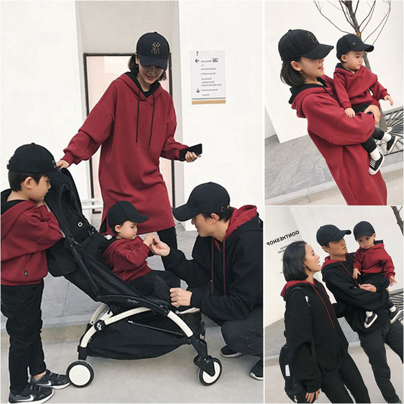 亲子装韩国个性双层帽卫衣2024新款秋季一家三口加绒爬服母子母女