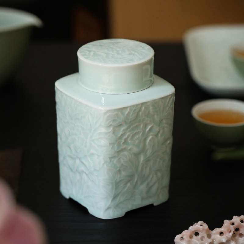 雅辑 繁花 茶叶罐茶仓醒茶罐 高温陶瓷储物罐 景德镇影青釉密封罐