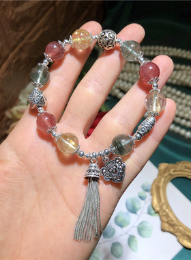 复古银饰绿幽灵草莓晶金发晶多宝流苏手链串珠成品女款手链饰品