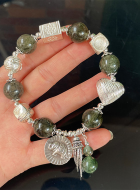 店主设计复古银饰diy绿发晶925银大象流苏手链饰品一手货源
