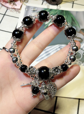 店主设计新款黑玛瑙招财猫叶子招财猫复古手链diy水晶饰品