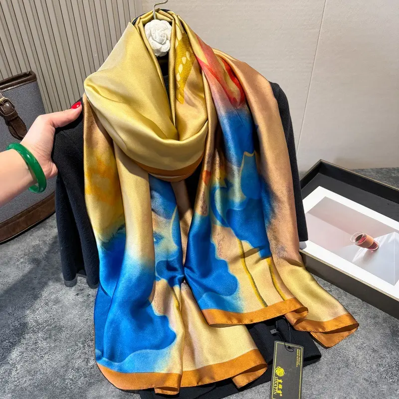新款春夏季防晒丝巾女丽锦缎印花加长披肩外搭装饰妈妈围巾沙滩巾